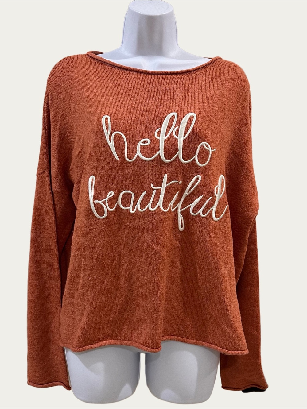 Kittenish “Hello Beautiful” Oversized Rust Orange Sweater small